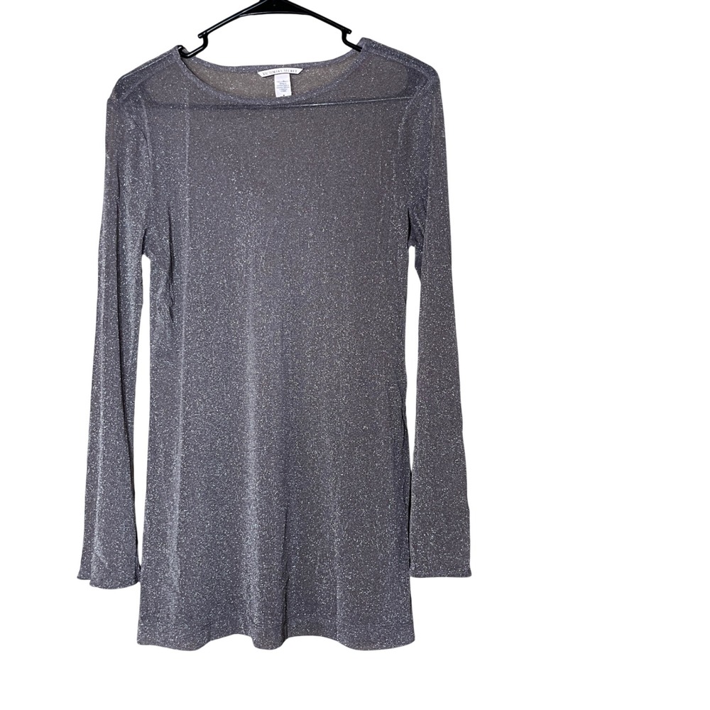 Victoria's Secret Sheer Metallic Long Sleeve Top Silver Sparkle Glam Size M
